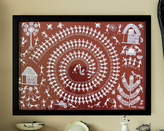 Warli Red Circle of Life Art Painting